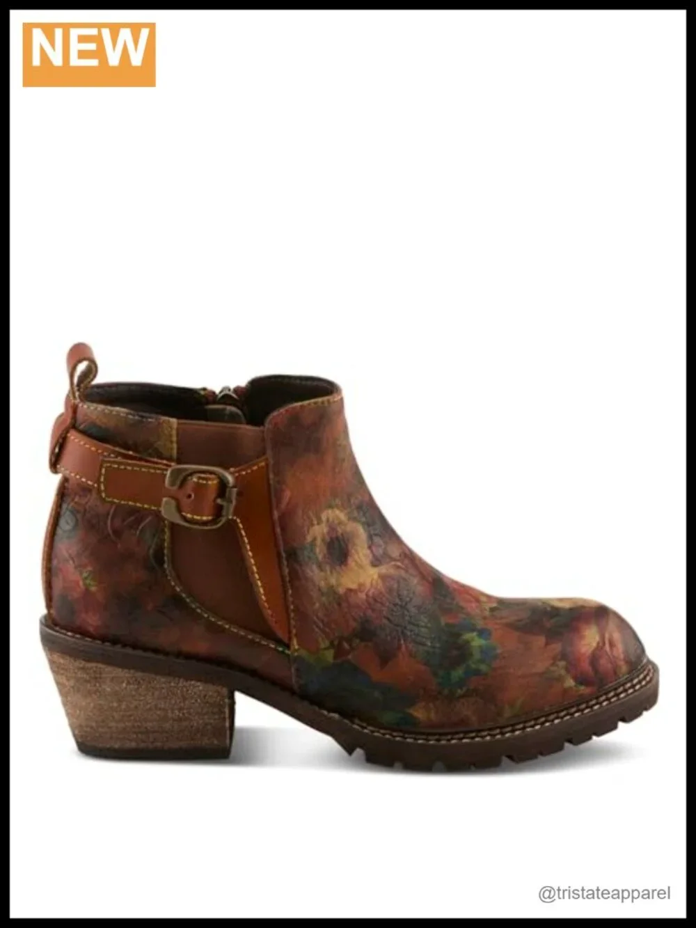 Hand-Painted Leather Women's Ankle Boots with Elastic Goring, Low Stacked Heel